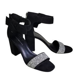 Tommy Hilfiger Sundayly Black Ankle Strap Silver Glitter Sandals Womens Size 9